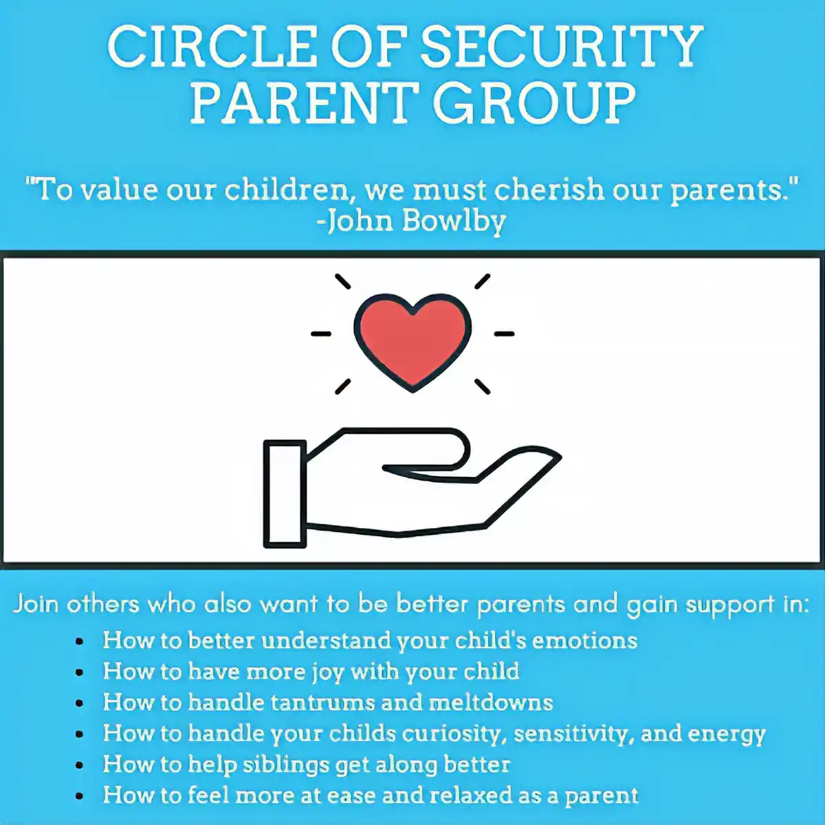 8-week group helps parents unlock the mystery to difficult child behaviors, giving parents renewed feelings of success and confidence. In fact, it helps all of us parents feel the way we want to feel toward our children!